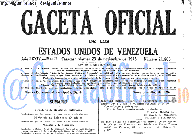 Gaceta Oficial 21868 del 23 Noviembre 1945