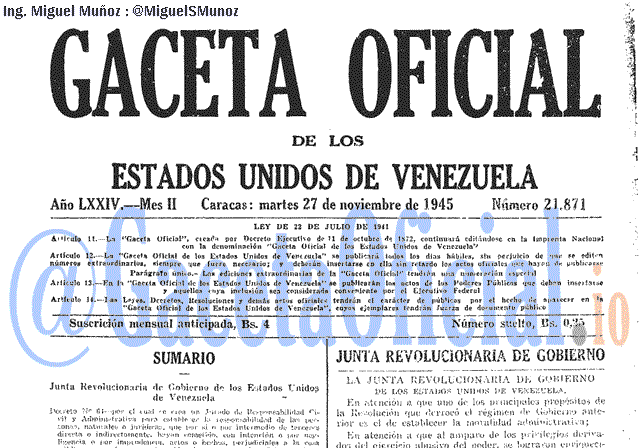 Gaceta Oficial 21871 del 27 Noviembre 1945