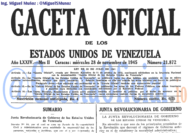 Gaceta Oficial 21872 del 28 Noviembre 1945