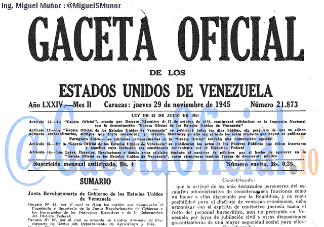 Gaceta Oficial 21873 del 29 Noviembre 1945
