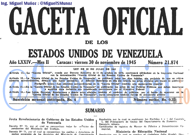 Gaceta Oficial 21874 del 30 Noviembre 1945