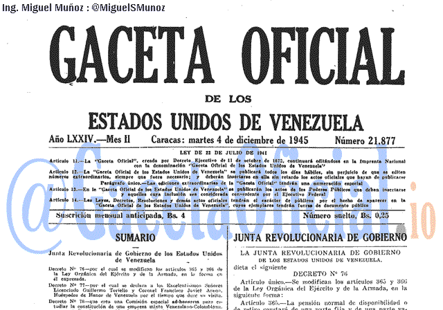 Gaceta Oficial 21877 del 4 Diciembre 1945