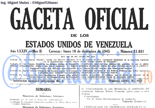 Gaceta Oficial 21881 del 10 Diciembre 1945
