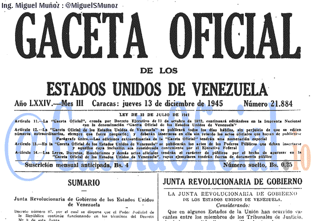 Gaceta Oficial 21884 del 13 Diciembre 1945