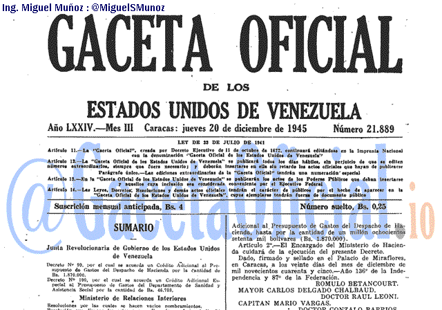 Gaceta Oficial 21889 del 20 Diciembre 1945