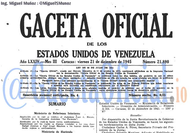 Gaceta Oficial 21890 del 21 Diciembre 1945