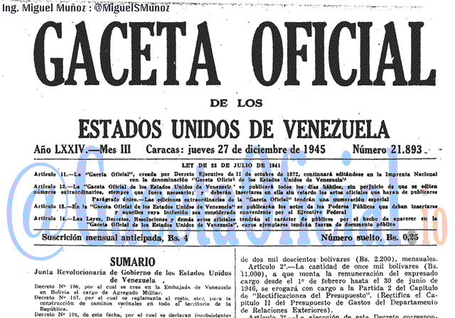 Gaceta Oficial 21893 del 27 Diciembre 1945