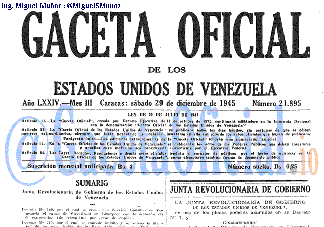 Gaceta Oficial 21895 del 29 Diciembre 1945