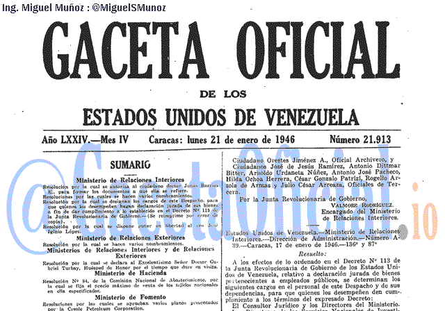 Gaceta Oficial 21913 del 21 Enero 1946