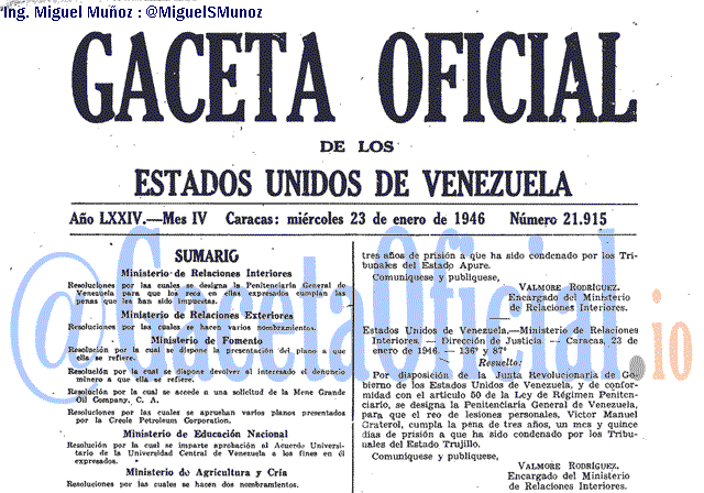 Gaceta Oficial 21915 del 23 Enero 1946