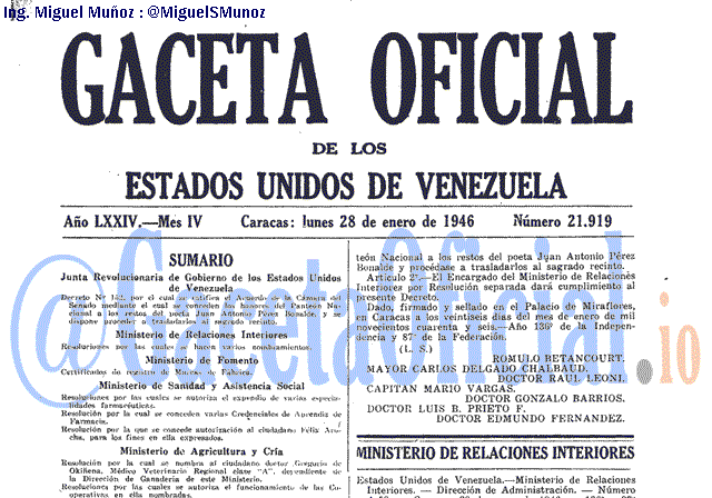 Gaceta Oficial 21919 del 28 Enero 1946