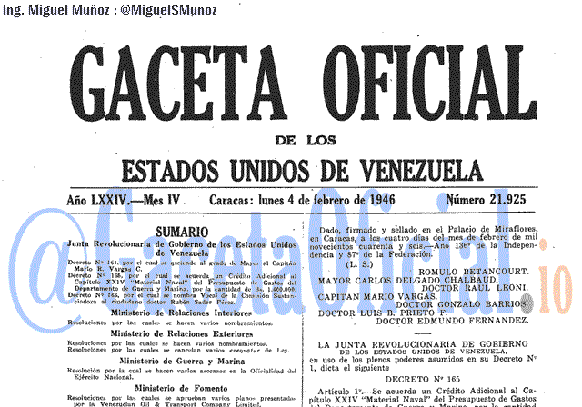 Gaceta Oficial 21925 del 4 Febrero 1946