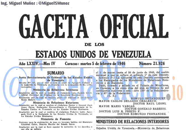 Gaceta Oficial 21926 del 5 Febrero 1946