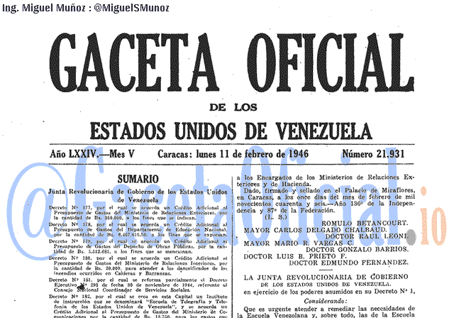 Gaceta Oficial 21931 del 11 Febrero 1946