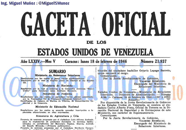 Gaceta Oficial 21937 del 18 Febrero 1946