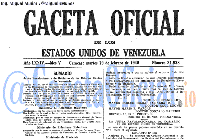 Gaceta Oficial 21938 del 19 Febrero 1946