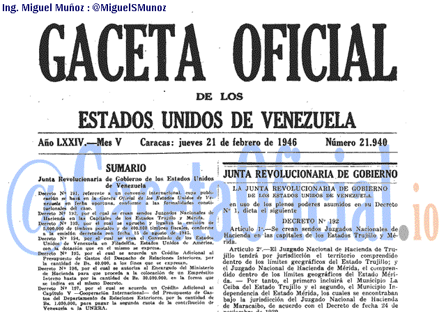 Gaceta Oficial 21940 del 21 Febrero 1946