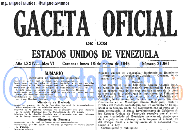 Gaceta Oficial 21961 del 18 Marzo 1946