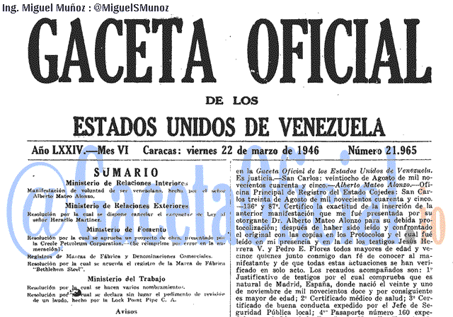 Gaceta Oficial 21965 del 22 Marzo 1946