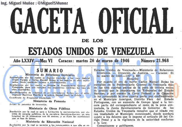 Gaceta Oficial 21968 del 26 Marzo 1946