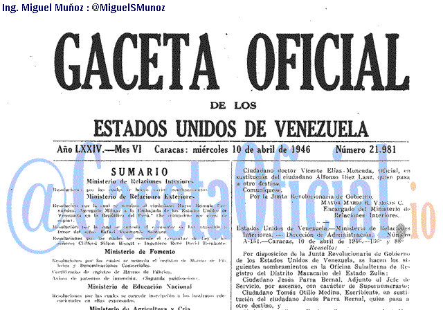 Gaceta Oficial 21981 del 10 Abril 1946