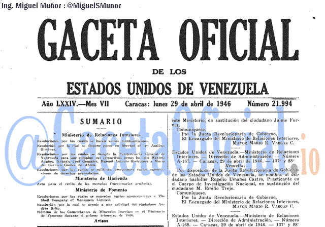 Gaceta Oficial 21994 del 29 Abril 1946