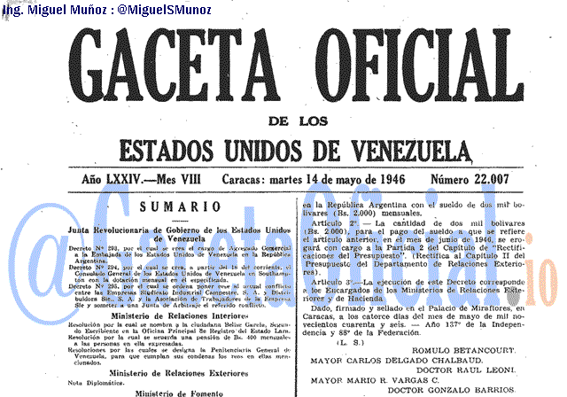 Gaceta Oficial 22007 del 14 Mayo 1946
