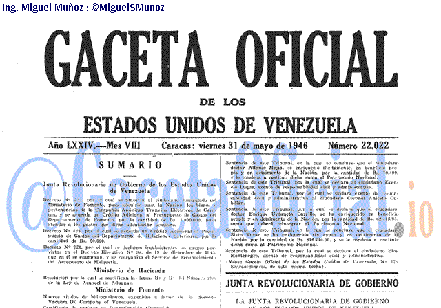 Gaceta Oficial 22022 del 31 Mayo 1946