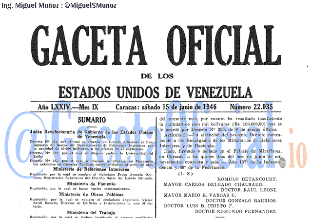 Gaceta Oficial 22035 del 15 Junio 1946