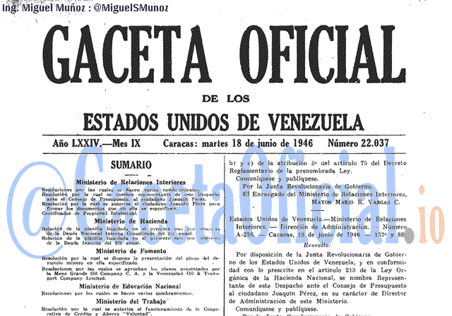 Gaceta Oficial 22037 del 18 Junio 1946