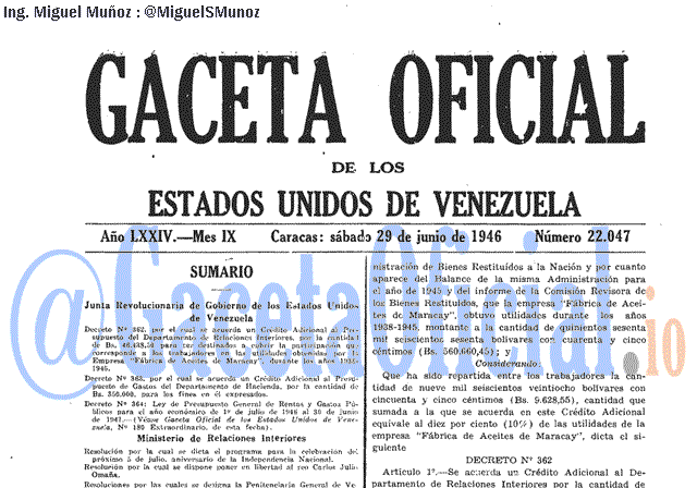 Gaceta Oficial 22047 del 29 Junio 1946