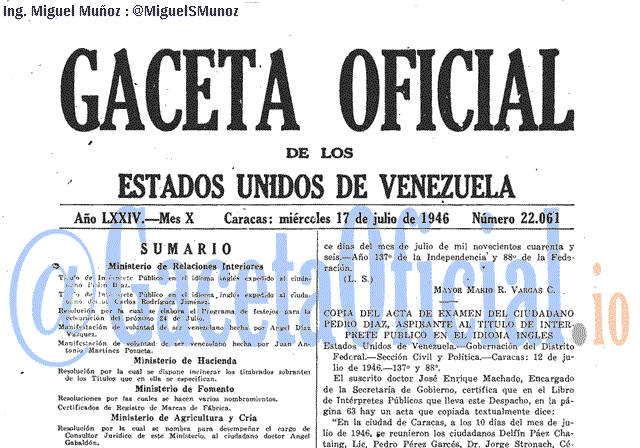 Gaceta Oficial 22061 del 17 Julio 1946