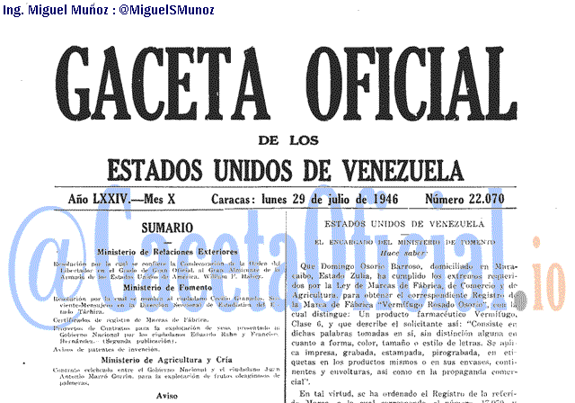 Gaceta Oficial 22070 del 29 Julio 1946