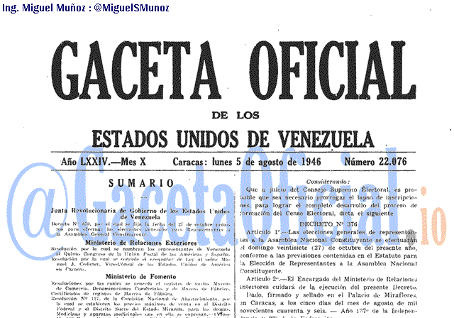 Gaceta Oficial 22076 del 5 Agosto 1946