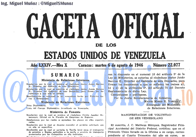 Gaceta Oficial 22077 del 6 Agosto 1946