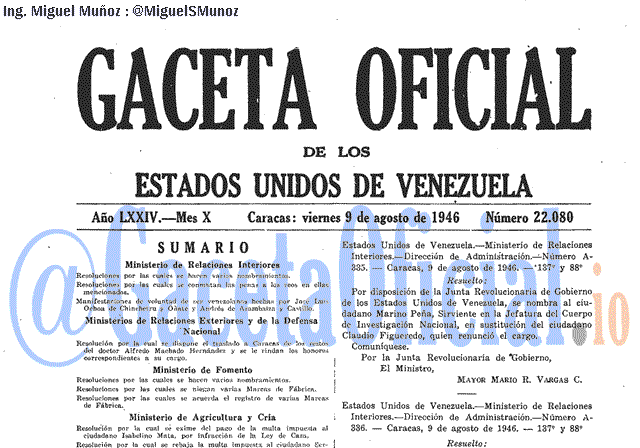 Gaceta Oficial 22080 del 9 Agosto 1946