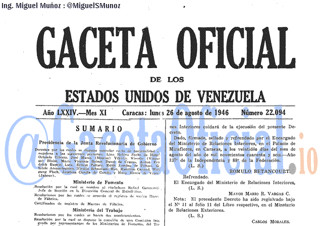 Gaceta Oficial 22094 del 26 Agosto 1946
