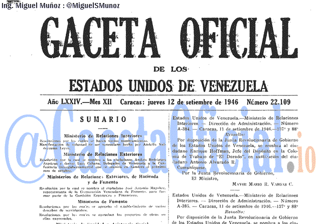 Gaceta Oficial 22109 del 12 Septiembre 1946