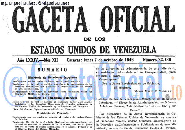 Gaceta Oficial 22130 del 7 Octubre 1946