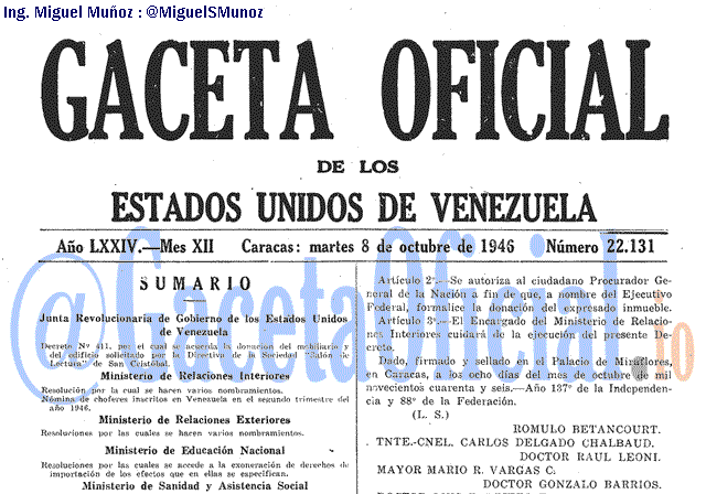 Gaceta Oficial 22131 del 8 Octubre 1946