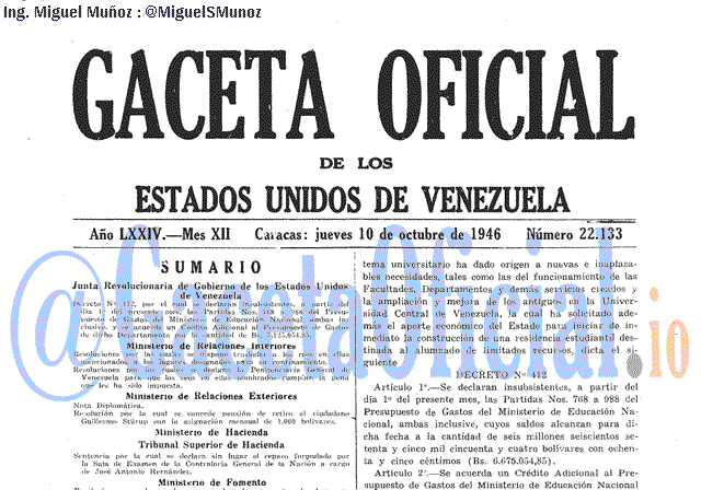 Gaceta Oficial 22133 del 10 Octubre 1946