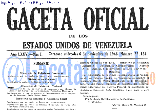 Gaceta Oficial 22154 del 6 Noviembre 1946