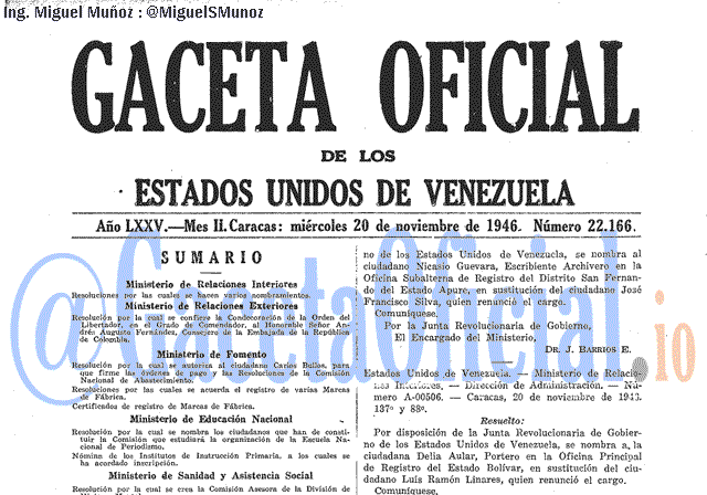 Gaceta Oficial 22166 del 20 Noviembre 1946