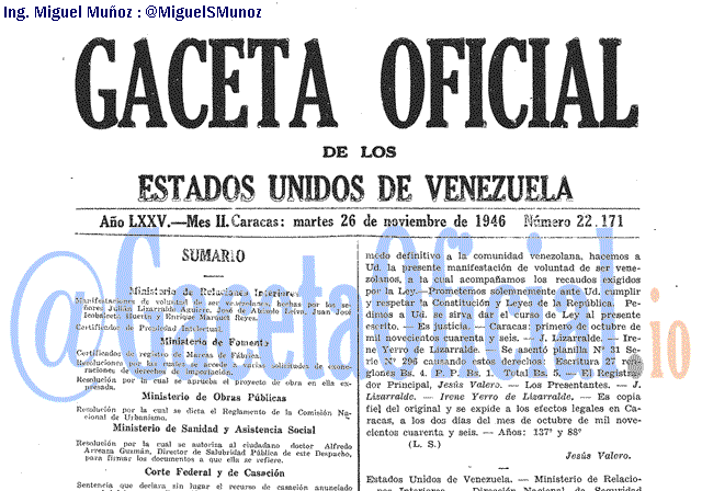 Gaceta Oficial 22171 del 26 Noviembre 1946