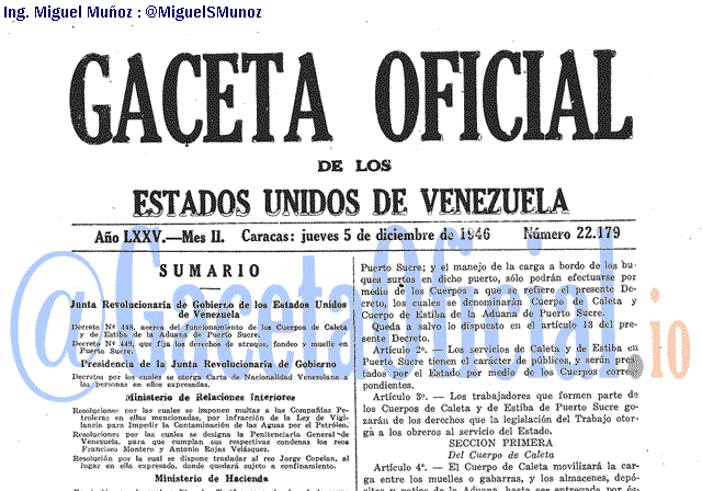 Gaceta Oficial 22179 del 5 Diciembre 1946
