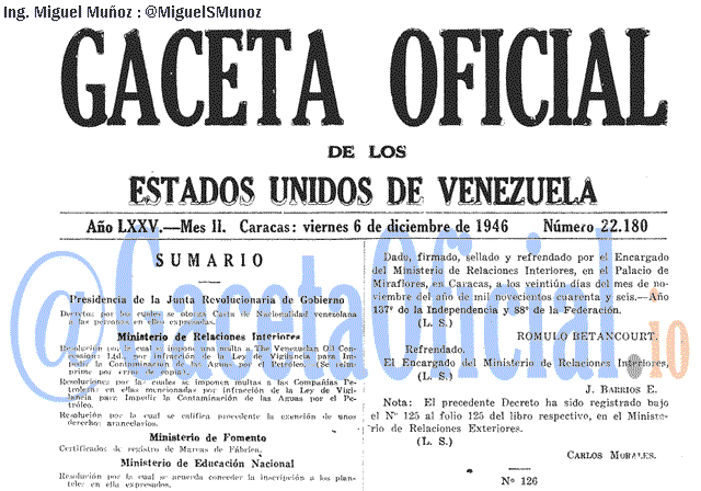 Gaceta Oficial 22180 del 6 Diciembre 1946