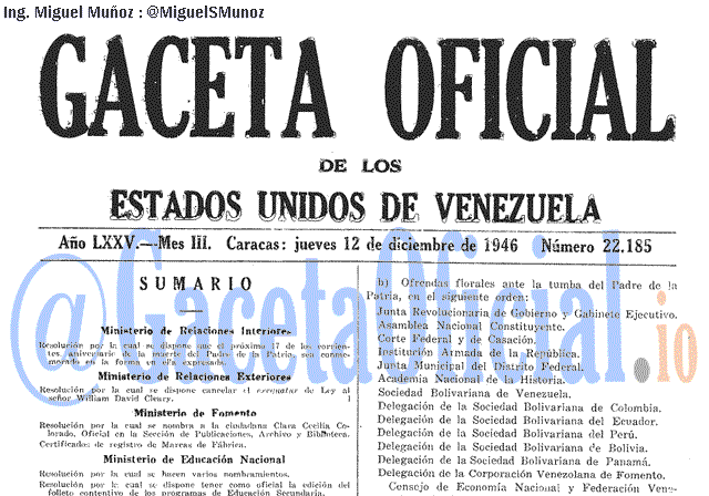 Gaceta Oficial 22185 del 12 Diciembre 1946