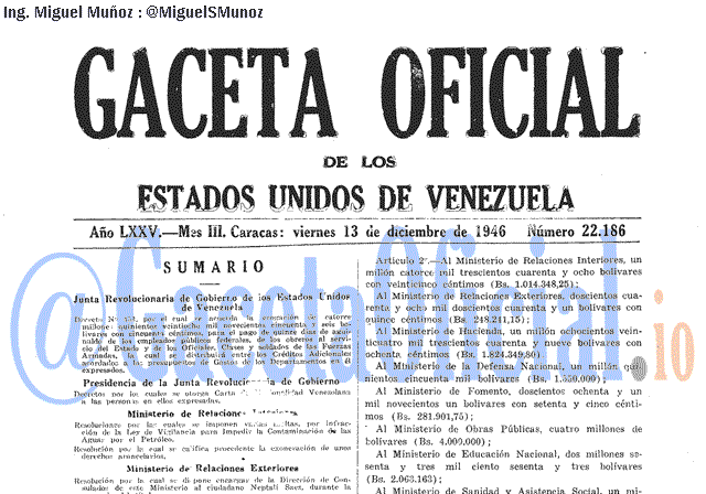 Gaceta Oficial 22186 del 13 Diciembre 1946