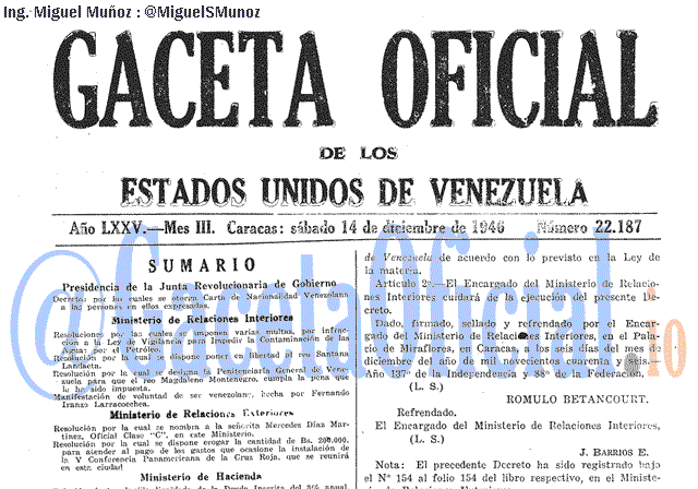 Gaceta Oficial 22187 del 14 Diciembre 1946