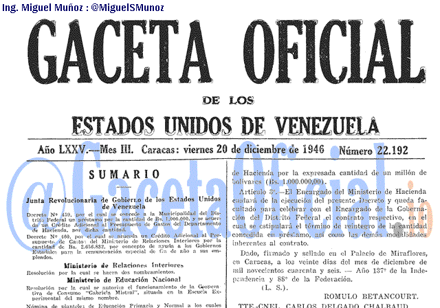 Gaceta Oficial 22192 del 20 Diciembre 1946